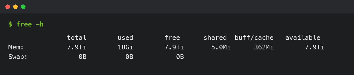 Terminal output of free -h inside the guest, showing 7.9Ti total memory, 18Gi used, 7.9Ti available, zero swap