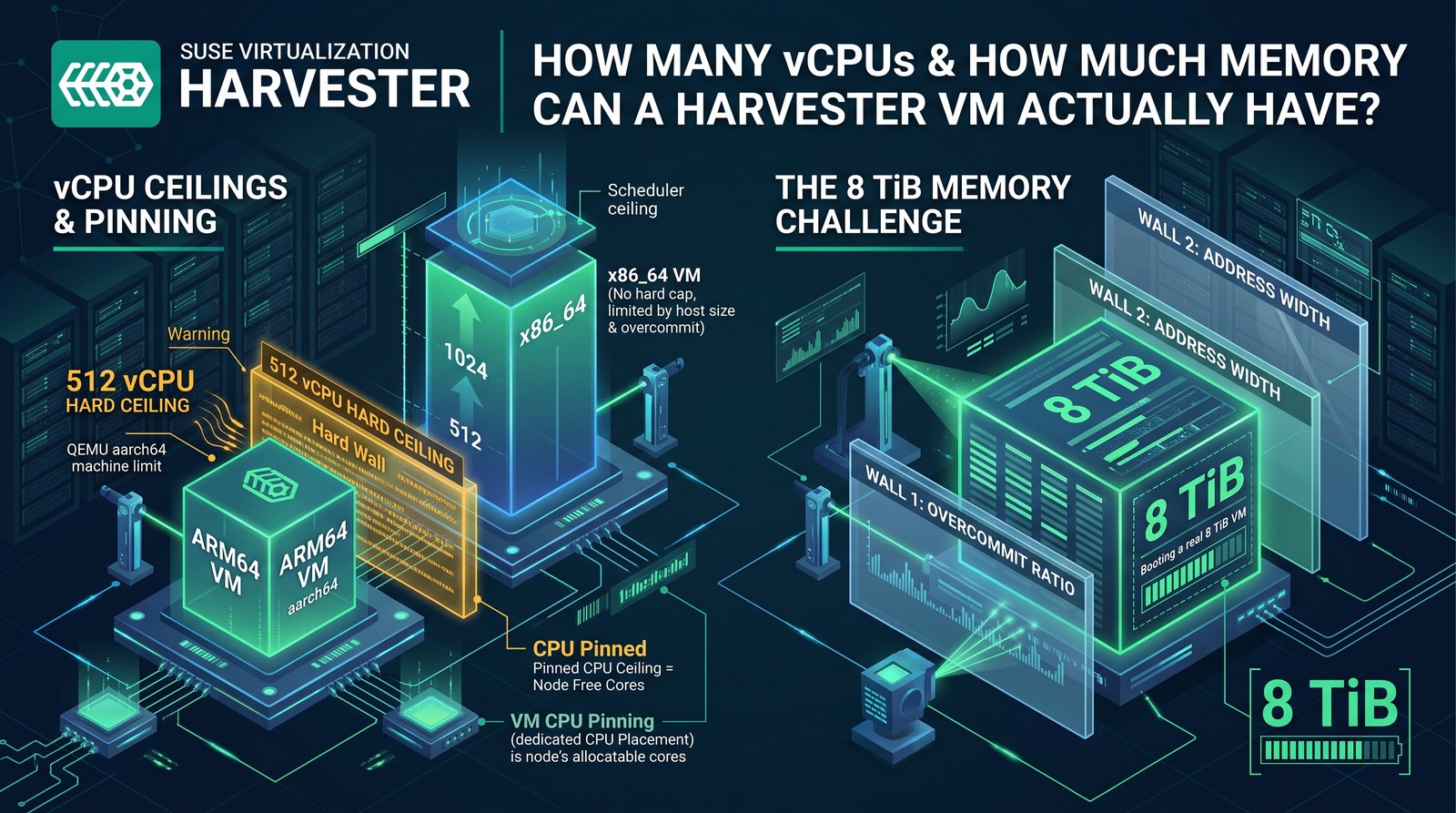 Diagram summarizing vCPU ceilings and pinning on ARM64 vs x86_64, and the two memory walls (overcommit ratio and CPU address width) hit while booting an 8 TiB VM