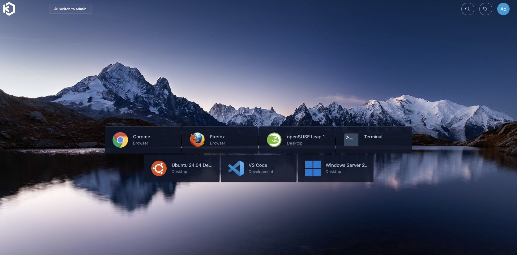 Kasm user dashboard with Chrome, Firefox, openSUSE Leap, Terminal, Ubuntu, VS Code and Windows Server workspaces
