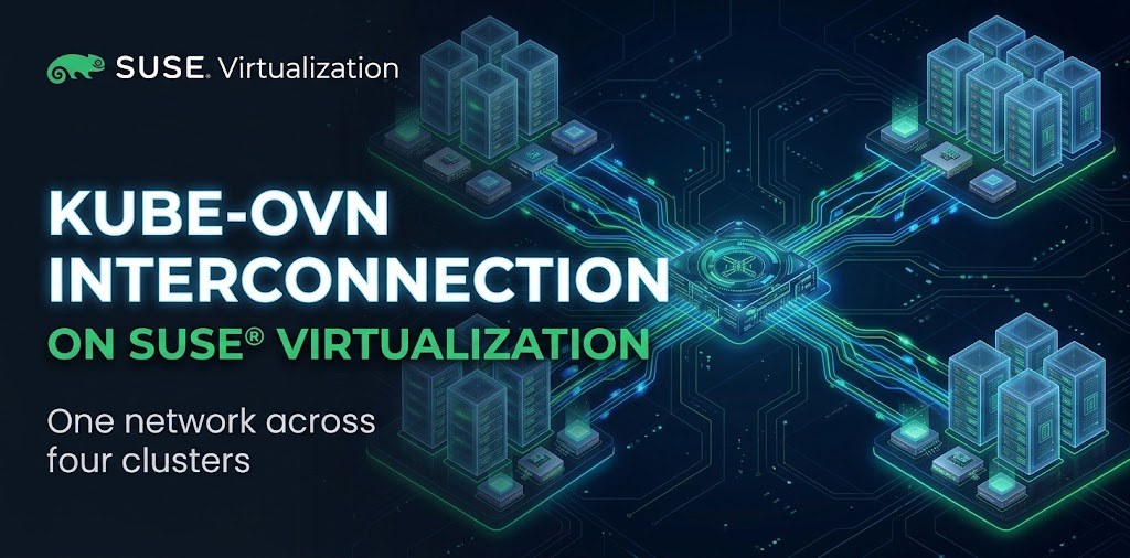 Kube-OVN Interconnection on SUSE Virtualization: one network across four clusters