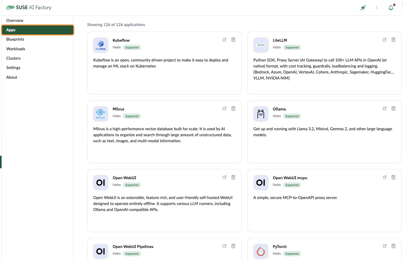 SUSE AI Factory in Rancher, with the Apps menu highlighted, listing 126 applications including Kubeflow, LiteLLM, Milvus, Ollama and Open WebUI