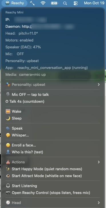 Reachy SwiftBar menu showing robot status, personality, mic, wake and sleep, speak, face enrollment, actions, modes and head controls