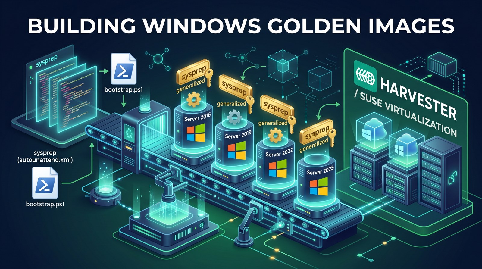 Illustration of a build pipeline: sysprep answer files and bootstrap.ps1 feed a conveyor that turns Windows Server installs into generalized images, which flow into SUSE Virtualization