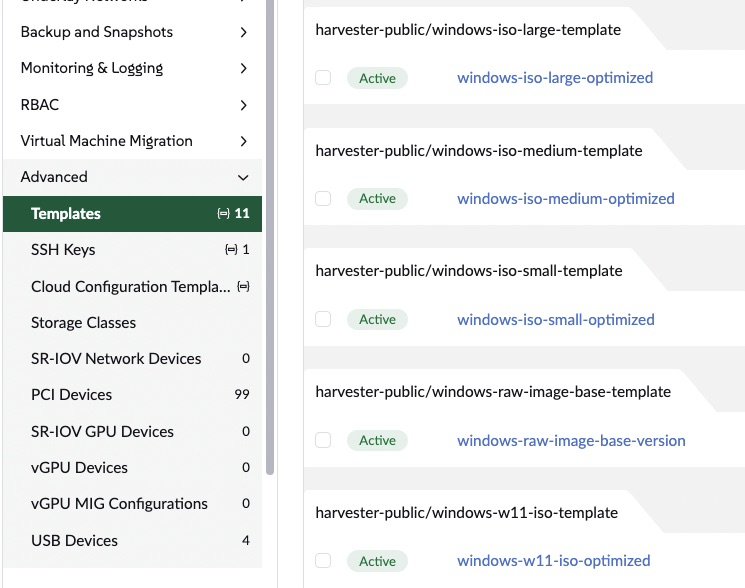 SUSE Virtualization templates list showing the Windows -optimized templates