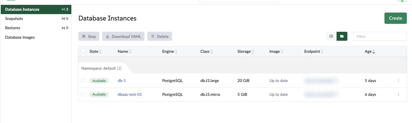 Database Instances page in Rancher listing two available PostgreSQL instances