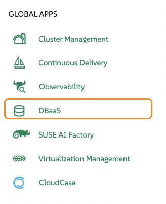 Rancher&rsquo;s Global Apps menu with the DBaaS extension highlighted